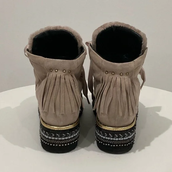 Luxurious Embellished Tan Fur & Suede Platform Boots Silk Laces Women's 8.5 - Picture 7 of 16